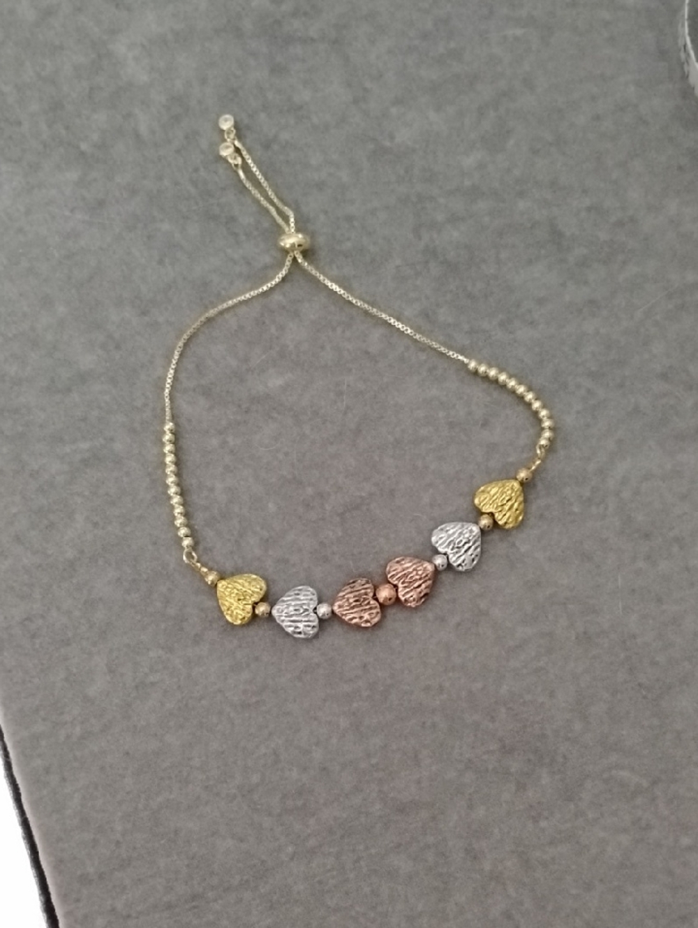 Hand Crafted Tricolored Textured Heart 14kt Adjustable Bracelet - Picture 4 of 4
